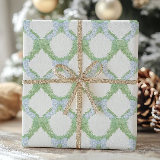 Waterverf Christmas Blue Bow Garland Cadeaupapier