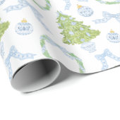 Waterverf Christmas Blue Bow Ginger Jar Trees Cadeaupapier (Rol Hoek)