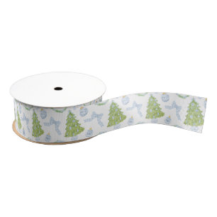 Waterverf Christmas Blue Bow Ginger Jar Trees Grosgrain Lint
