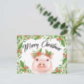 Waterverf Christmas Pig Briefkaart (Staand voorkant)