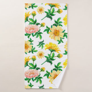 Waterverf chrysanten. Gele bloemen met gre Badhanddoek