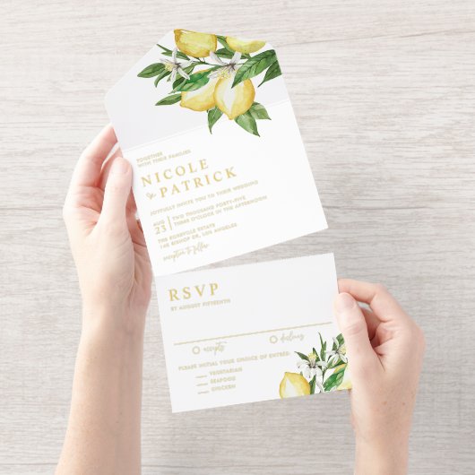 Waterverf citroen bloesems zomer bruiloft all in one uitnodiging (Uittrekbaar)