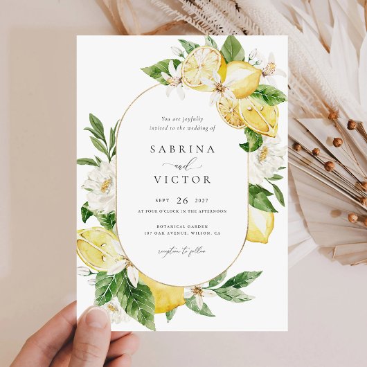 Waterverf Citroen Citrusgroen Witte Bloemen Kaart