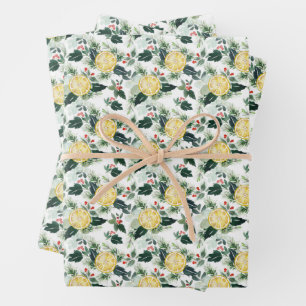 Waterverf Citroen en Holly Pattern Kerst Inpakpapier Vel