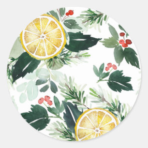 Waterverf Citroen en Hulst Patroon Kerstmis Ronde Sticker