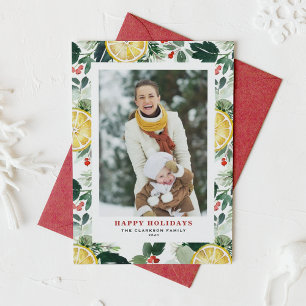 Waterverf citroen en wintergroen foto feestdagenkaart