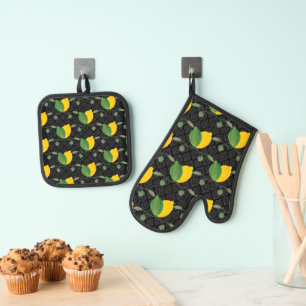 Waterverf citroen hand geschilderd geel zwart ovenwant & pannenlap set