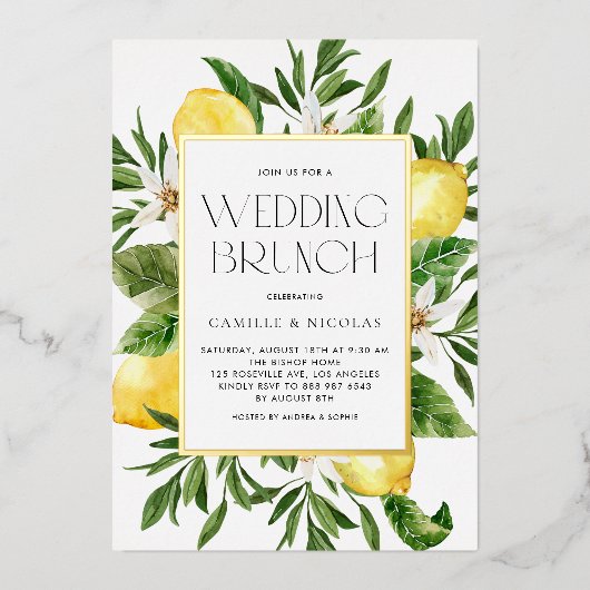 Waterverf Citroen Lijst Botanische Bruiloft Brunch Folie Uitnodiging (Voorkant)