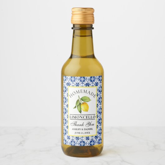 Waterverf Citroenblauwe Tegel Limoncello Mini Labe Wijn Etiket (Voorkant)