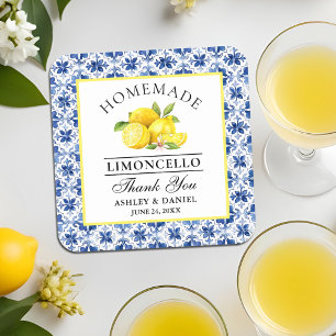 Waterverf Citroenen Blauw Tegel Limoncello Bruilof Vierkante Kartonnen Onderzetter