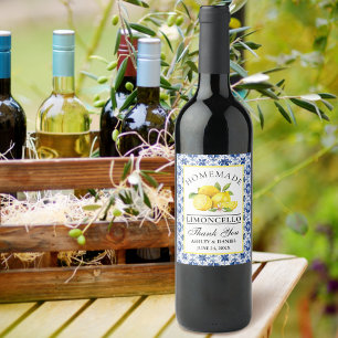 Waterverf Citroenen Blauwe Tegel Limoncello Label Wijn Etiket