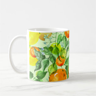 Waterverf citroenen, bloemen, citrusmotief. koffiemok