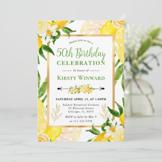 Waterverf Citroenen en Bloemen 50ste Verjaardag Kaart (Staand voorkant)