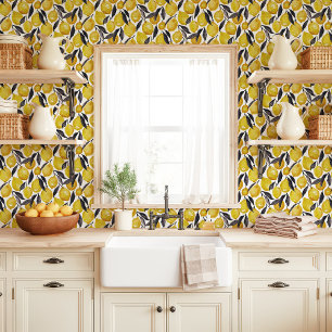 Waterverf citroenen en grijze bladeren behang