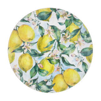 Waterverf citroenen, verse citrus tak. snijplank