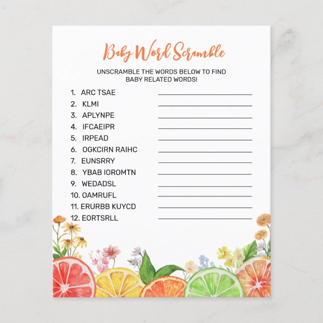 Waterverf Citrus Baby shower Word Scramble spel (Voorkant)
