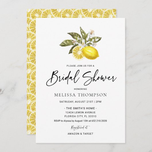 Waterverf Citrus Citroen Bruidsdouche Kaart (Voorkant / Achterkant)