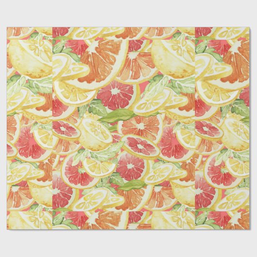 Waterverf Citrus Grapefruit Lemon & Sinaasappel Cadeaupapier (Vlak)
