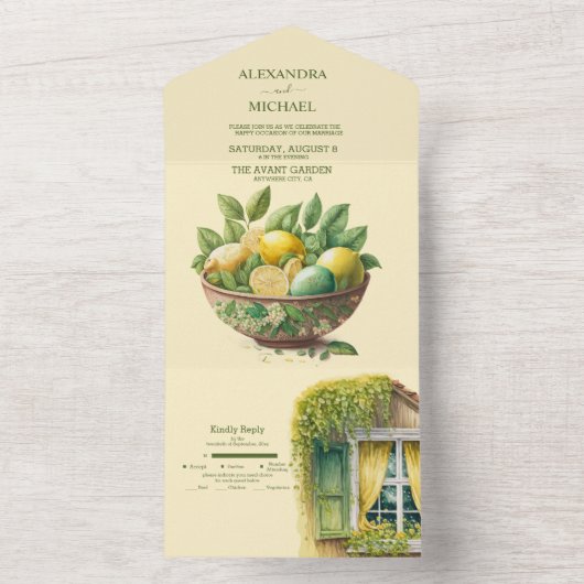 Waterverf Citrus Lemon Destination Wedding All In One Uitnodiging (Binnen)