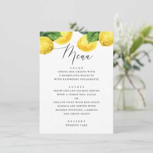 Waterverf citrusbruiloft. Lemon botanische tuin Menu (Staand voorkant)