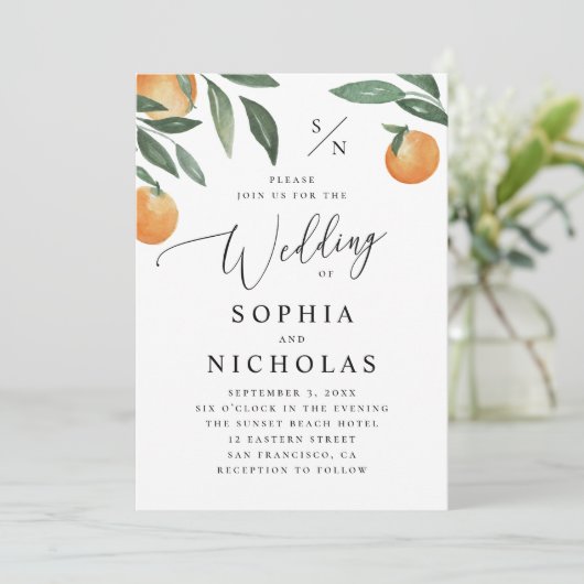 Waterverf citrusbruiloft. Sinaasappel zomerbloem Kaart (Staand voorkant)