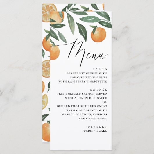 Waterverf citrusbruiloft. Sinaasappel zomerbloem Menu (Voorkant / Achterkant)