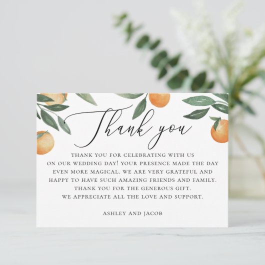 Waterverf citrusbruiloft. Zomerbloementuin Bedankkaart (Staand voorkant)