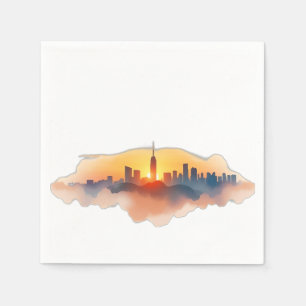 Waterverf City Skyline bij zonsondergang Servet