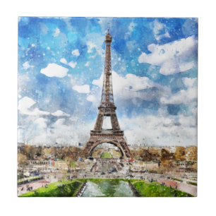 Waterverf Cityscape Paris, Eiffel Toward Tegeltje