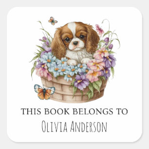 Waterverf CKCS Puppy in Flowers Dit boek hoort erb Vierkante Sticker