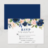 Waterverf Classic Blauw Roze Bloemen Trouwmaaltijd RSVP Kaartje (Voorkant / Achterkant)