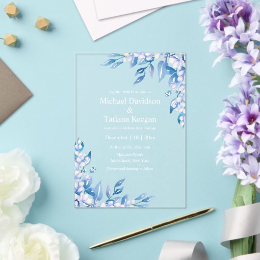 waterverf Classic Blue Winter Greenery bruiloft Acryl Uitnodigingen (Insitu (Huwelijk))