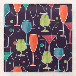 Waterverf cocktails, kleurrijk  motief. glazen onderzetter