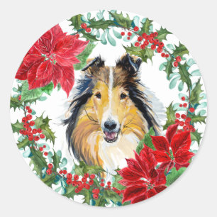 Waterverf Collie Dog Poinsettia Holiday Wreate Ronde Sticker