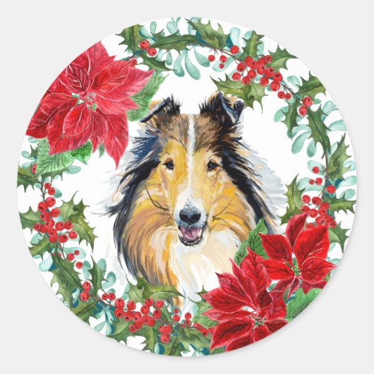 Waterverf Collie Dog Poinsettia Holiday Wreate Ronde Sticker (Voorkant)