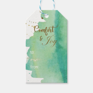 Waterverf Comfort Joy Groen Goud Foto Kerstmis Cadeaulabel