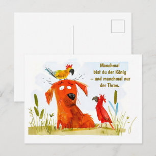 Waterverf Comic Dog met twee papegaaien Feestdagenkaart