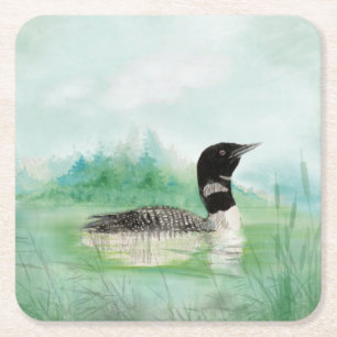 Waterverf Common Loon Bird Natuur Art Vierkante Kartonnen Onderzetter