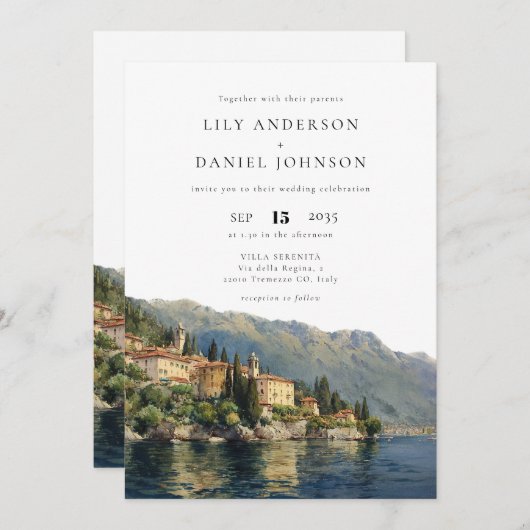 Waterverf Comomeer QR Code Italiaans Trouwen Kaart (Voorkant / Achterkant)