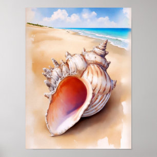 Waterverf Conch Shell op het strand Poster