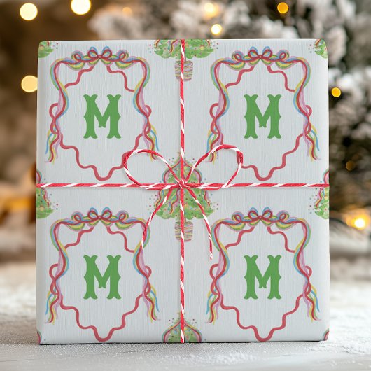 Waterverf Confetti Kerstbomen Monogram Crest Cadeaupapier