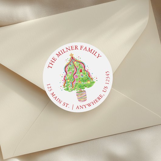 Waterverf Confetti Kerstboom Retouradres Ronde Sticker