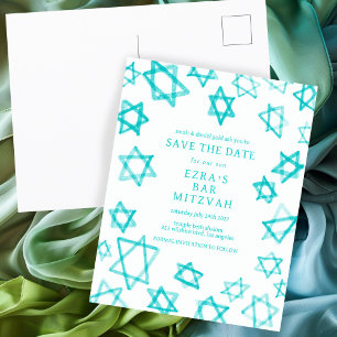 Waterverf Cool Aqua Star van David Bar Bat Mitzvah Aankondigingskaart