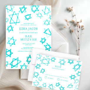 Waterverf Cool Aqua Star van David Bar Bat Mitzvah RSVP Kaartje