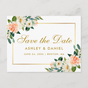 Waterverf Coral Floral Gold Save the Date Aankondigingskaart