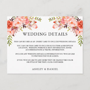 Waterverf Coral Floral Wedding Details Kaart