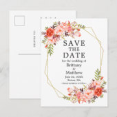 Waterverf Coral Rozen Geo Lijst sparen de Datum Briefkaart (Voorkant / Achterkant)