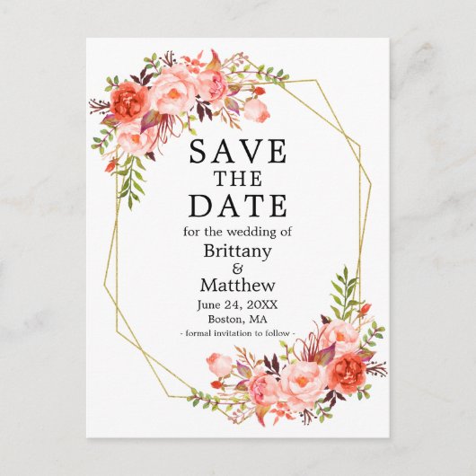 Waterverf Coral Rozen Geo Lijst sparen de Datum Briefkaart (Voorkant)