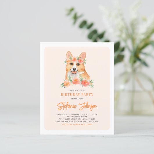 Waterverf Corgi Peach Verjaardagsfeestuitnodiging (Staand voorkant)
