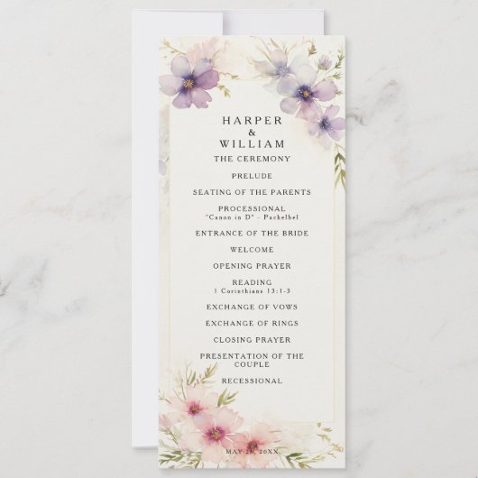 Waterverf Cosmos Flowers Trouwprogramma Kaart (Voorkant)